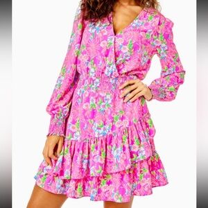 Lilly‎ Pulitzer Cristiana Stretchy Ruffle Dress Size 4 Pink Print Flawed